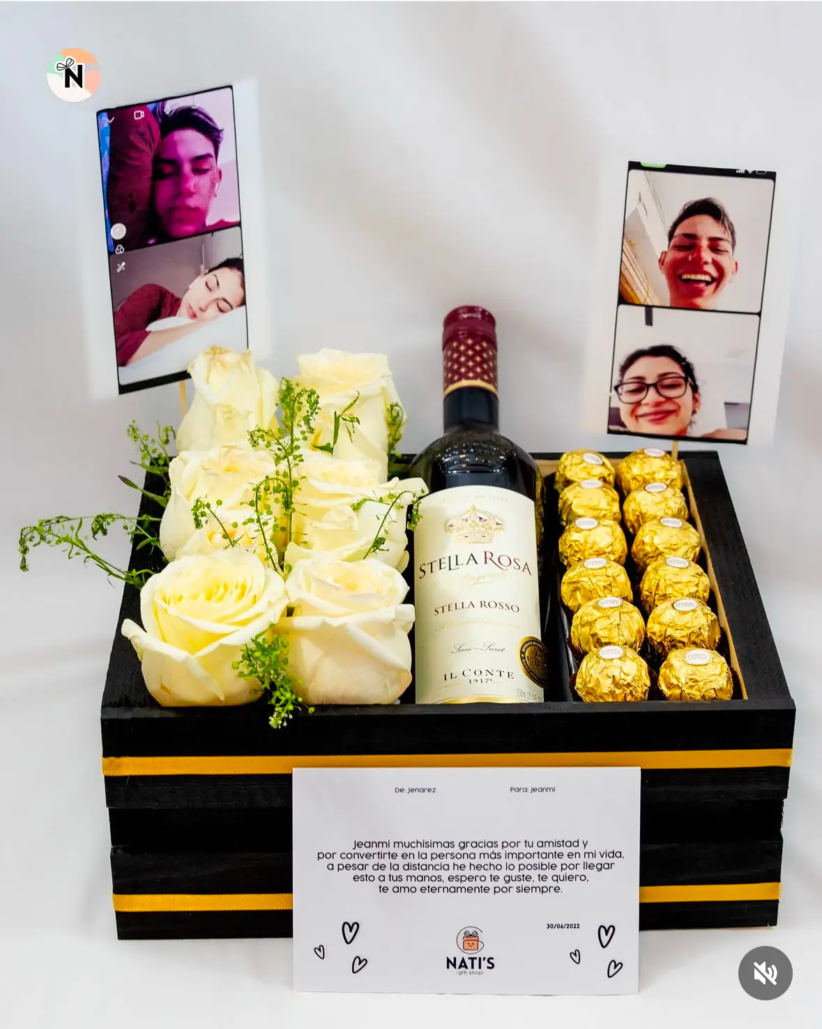 Cajita con Rosas, Vino y Chocolates